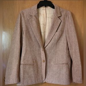 Vtg 70s 80s Oscar de la Renta Blazer Jacket - Tan Herringbone - Small Medium